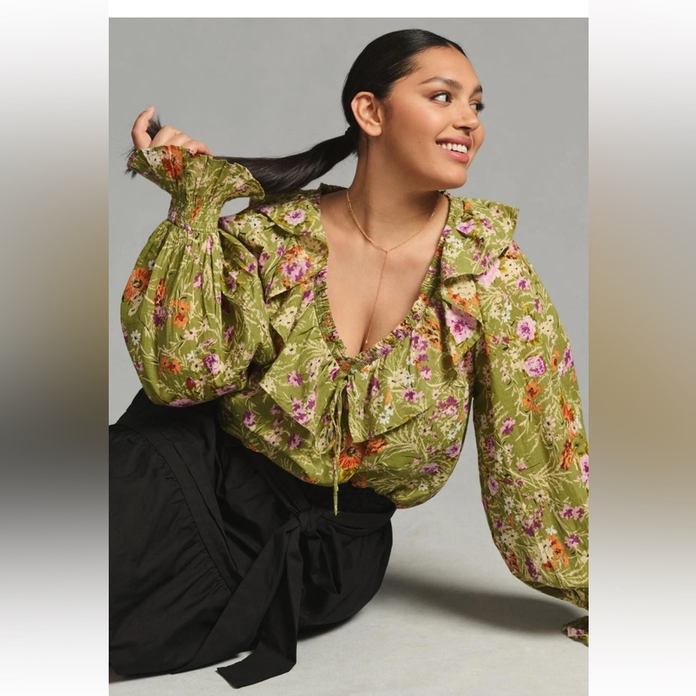 Anthropologie Green Floral Blouse with Ruffles